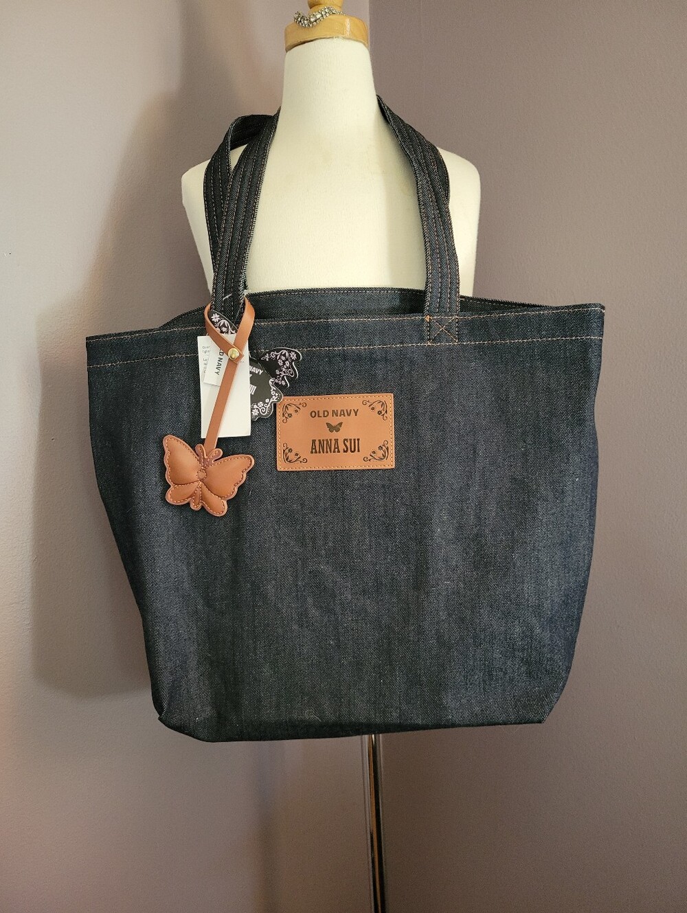 NWT Old Navy x Anna Sui Dark Denim Tote with Tan Butterfly Charm